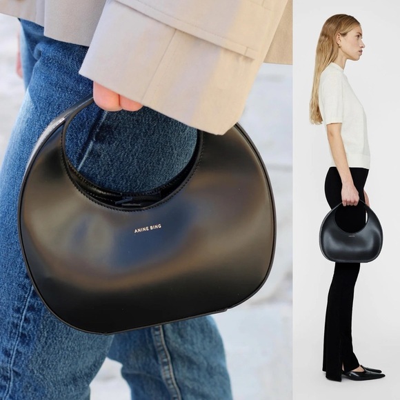 Anine Bing Handbags - ANINE BING Luna Leather Crescent Shoulder Bag High Shine Black NEW with tags